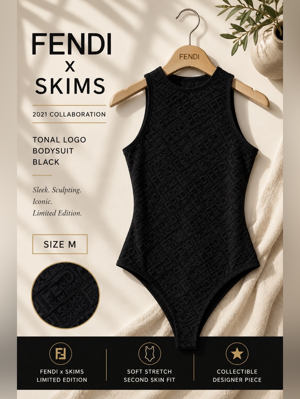 FENDI x SKIMS Tonal Monogram Black Bodysuit Size M